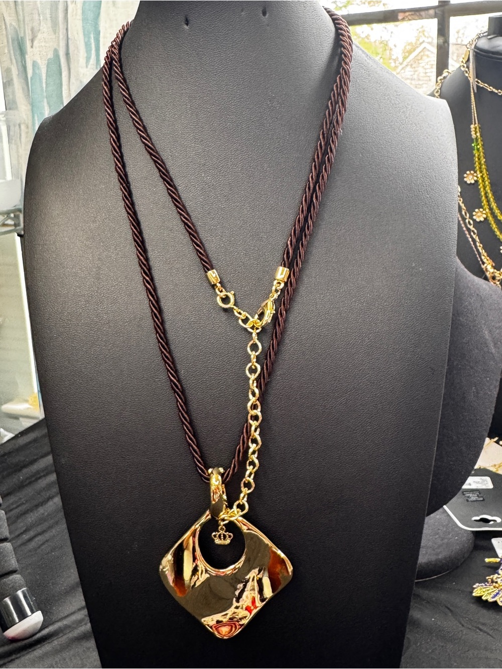 Premier Designs Gold Pendant on Brown Cord Necklace
